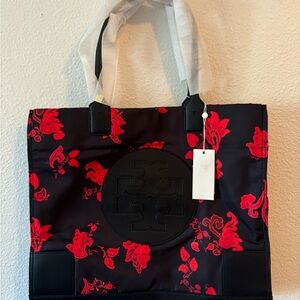Tory Burch Black and Red Floral Tote Bag